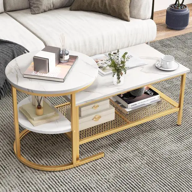 Main image of KOTEK Nesting Coffee Table Set of 2, Detachable Rectangular Coffee Table & Small Round End Table Set, Faux Marble Pattern & Sturdy Metal Frame, Modern Nesting Tables for Living Room (Gold)