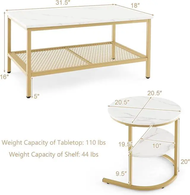 Alt view image 2 of 7 - KOTEK Nesting Coffee Table Set of 2, Detachable Rectangular Coffee Table & Small Round End Table Set, Faux Marble Pattern & Sturdy Metal Frame, Modern Nesting Tables for Living Room (Gold)
