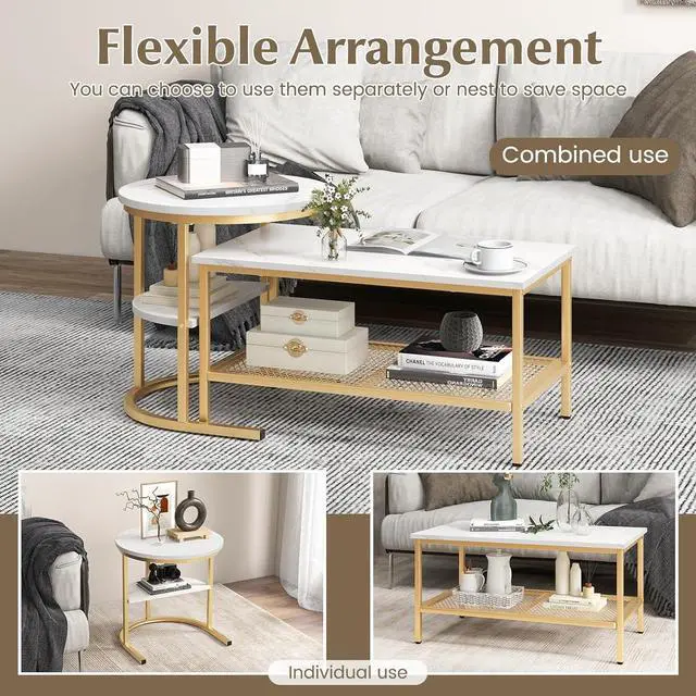 Alt view image 3 of 7 - KOTEK Nesting Coffee Table Set of 2, Detachable Rectangular Coffee Table & Small Round End Table Set, Faux Marble Pattern & Sturdy Metal Frame, Modern Nesting Tables for Living Room (Gold)