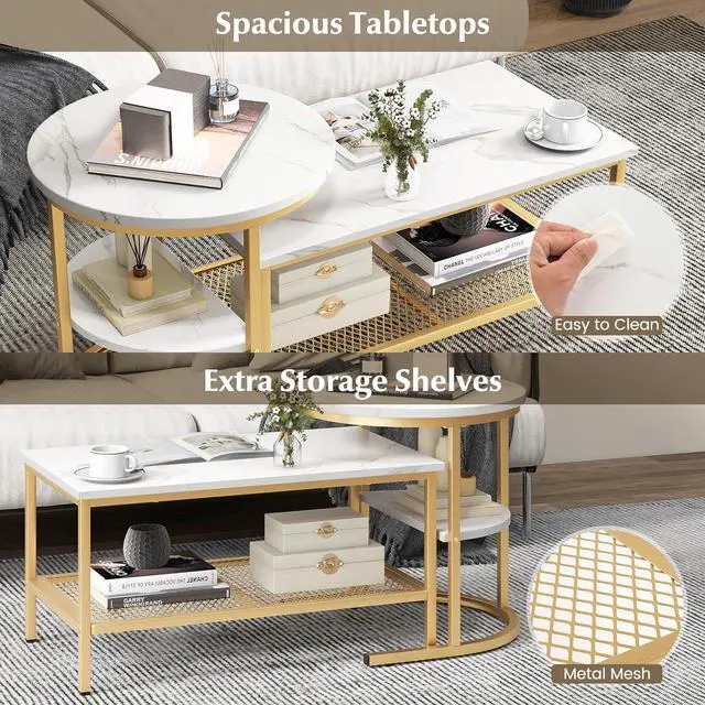 Alt view image 5 of 7 - KOTEK Nesting Coffee Table Set of 2, Detachable Rectangular Coffee Table & Small Round End Table Set, Faux Marble Pattern & Sturdy Metal Frame, Modern Nesting Tables for Living Room (Gold)