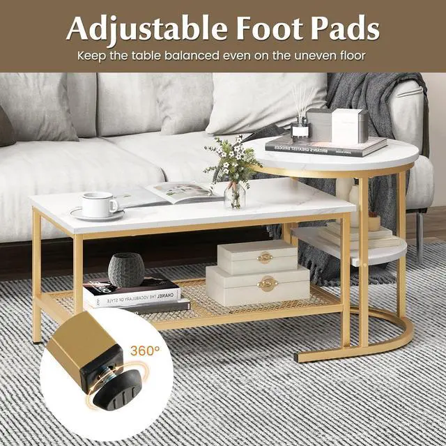 Alt view image 6 of 7 - KOTEK Nesting Coffee Table Set of 2, Detachable Rectangular Coffee Table & Small Round End Table Set, Faux Marble Pattern & Sturdy Metal Frame, Modern Nesting Tables for Living Room (Gold)