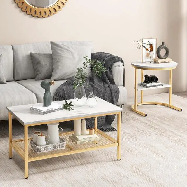 Alt view image 7 of 7 - KOTEK Nesting Coffee Table Set of 2, Detachable Rectangular Coffee Table & Small Round End Table Set, Faux Marble Pattern & Sturdy Metal Frame, Modern Nesting Tables for Living Room (Gold)