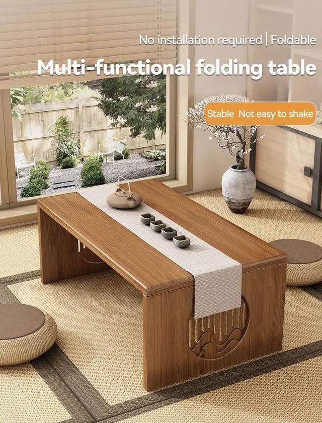 Alt view image 6 of 7 - Folding Coffee Table, Foldable Japanese Floor Table No Assembly, Low Coffee Table for Sitting On The Floor, Small Coffee Tables for Living Room Meditation Tea Room Tatami Dining 39.4 Inch