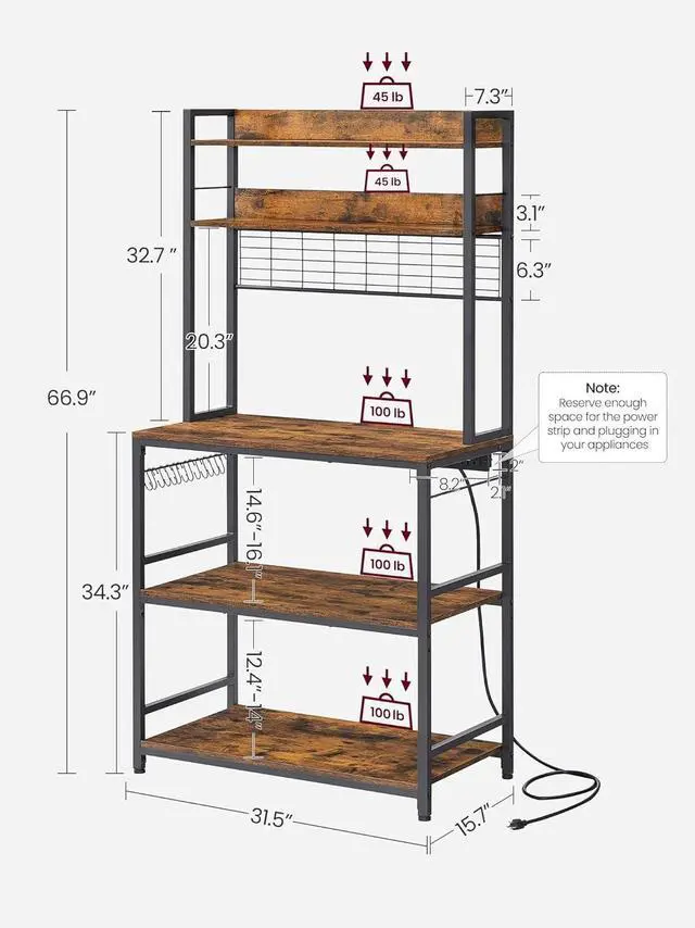 Alt view image 3 of 6 - VASAGLE Hutch Bakers Rack with Power Outlet, 14 Hooks Microwave Stand, Adjustable Coffee Bar with Metal Wire Panel, Kitchen Storage Shelf, 15.7 x 31.5 x 66.9 Inches, Rustic Brown and Black UKKS025B01