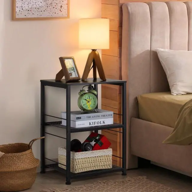 Alt view image 6 of 7 - OYEAL Black Night Stand Industrial End Table with Storage Shelf Narrow Side Table for Small Spaces, Farmhouse Bedside Table for Living Room Bedroom, Stable Metal Frame (Black)