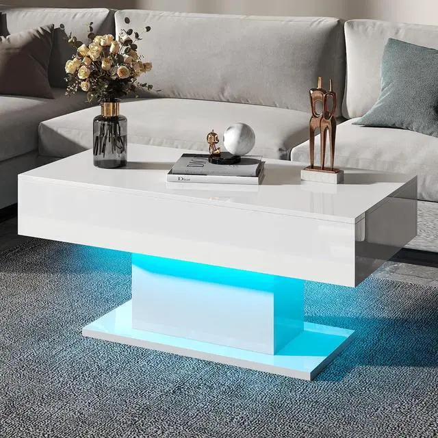 Alt view image 7 of 7 - Led Coffee Table for Living Room, Living Room Table Rectangular Center Table, Modern High Glossy Wooden Coffee Tables with 16 Colors LED Lights for Dining Reception Room, White