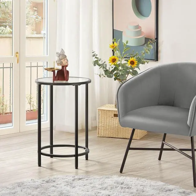 Alt view image 2 of 7 - Yaheetech Glass End Table, Round Side Table, Small Coffee Accent Table Nightstand w/Glass Top & Metal Frame for Living Room/Balcony/Bedroom/Porch/Small Space, Modern Style, Black