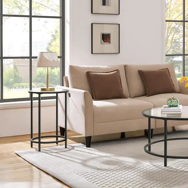 Alt view image 4 of 7 - Yaheetech Glass End Table, Round Side Table, Small Coffee Accent Table Nightstand w/Glass Top & Metal Frame for Living Room/Balcony/Bedroom/Porch/Small Space, Modern Style, Black