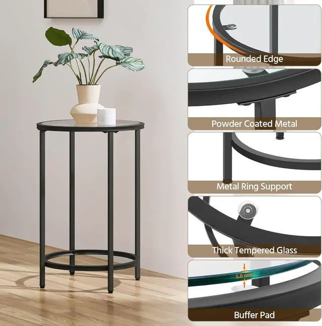 Alt view image 5 of 7 - Yaheetech Glass End Table, Round Side Table, Small Coffee Accent Table Nightstand w/Glass Top & Metal Frame for Living Room/Balcony/Bedroom/Porch/Small Space, Modern Style, Black