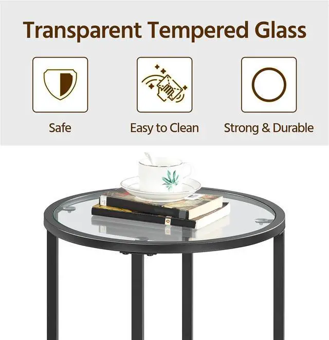 Alt view image 7 of 7 - Yaheetech Glass End Table, Round Side Table, Small Coffee Accent Table Nightstand w/Glass Top & Metal Frame for Living Room/Balcony/Bedroom/Porch/Small Space, Modern Style, Black