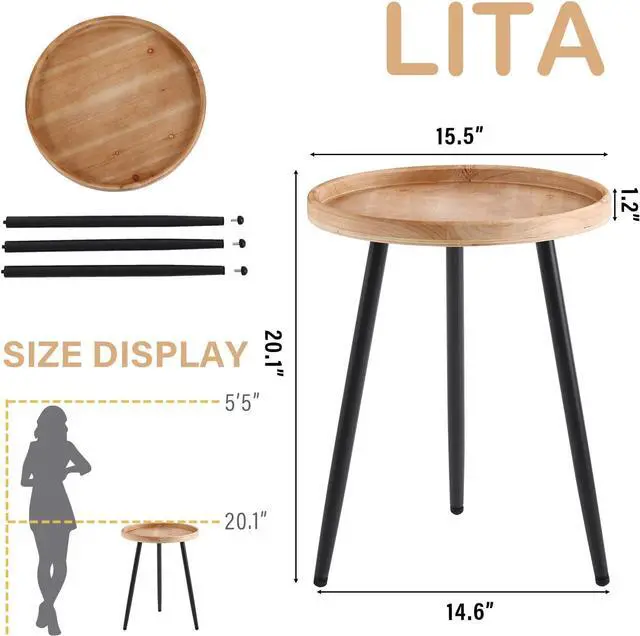 Alt view image 2 of 7 - LITA Log Desktop Round Side End Table, Indoor Outdoor Wooden Tray Nightstand Table with Metal Stand for Living Room Bedroom Office Small Spaces (M)