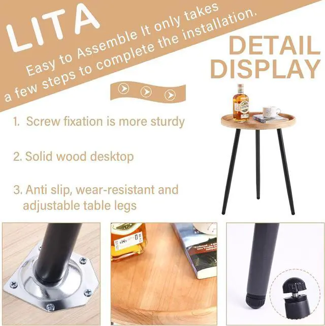 Alt view image 3 of 7 - LITA Log Desktop Round Side End Table, Indoor Outdoor Wooden Tray Nightstand Table with Metal Stand for Living Room Bedroom Office Small Spaces (M)