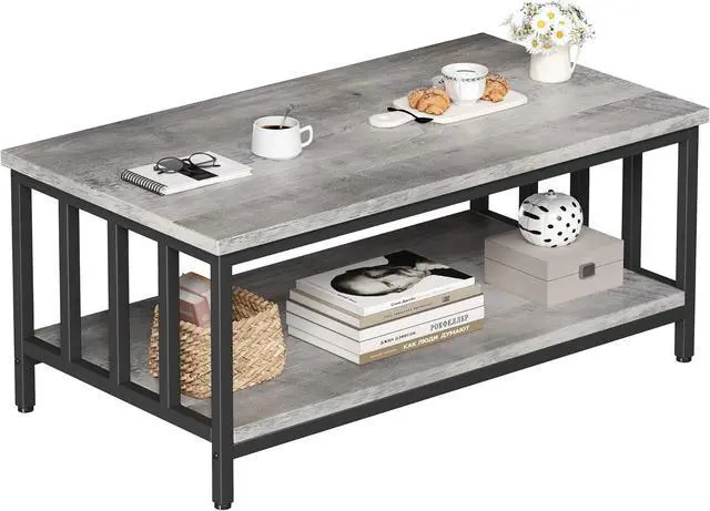 Main image of Homeiju Coffee Table for Living Room with Slatted Sides Frame, Modern Farmhouse Living Room Table with 2-Tier Storage Shelf for Home Office, Apartment, 39 inch Grey Wash