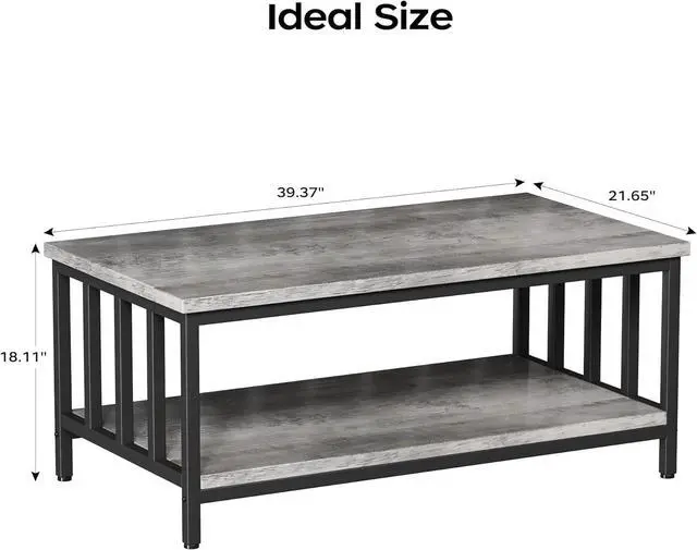 Alt view image 3 of 7 - Homeiju Coffee Table for Living Room with Slatted Sides Frame, Modern Farmhouse Living Room Table with 2-Tier Storage Shelf for Home Office, Apartment, 39 inch Grey Wash