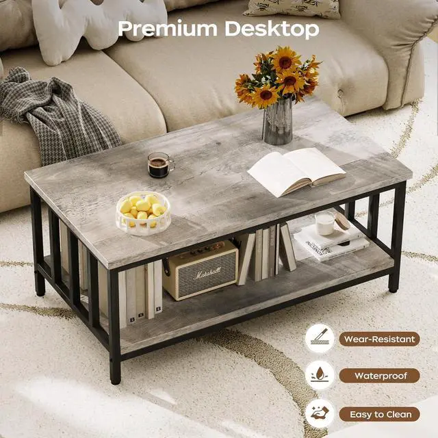 Alt view image 6 of 7 - Homeiju Coffee Table for Living Room with Slatted Sides Frame, Modern Farmhouse Living Room Table with 2-Tier Storage Shelf for Home Office, Apartment, 39 inch Grey Wash