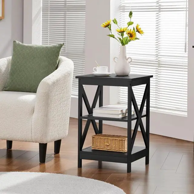 Alt view image 2 of 7 - Yaheetech 3 Tier Sofa Side End Table with Shelf, X Shape Chair Side Coffee Snack Table for Living Room, Display Unit Organizer, Black