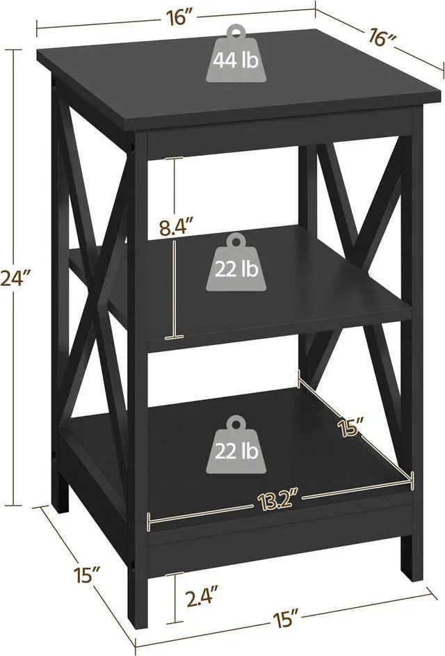 Alt view image 3 of 7 - Yaheetech 3 Tier Sofa Side End Table with Shelf, X Shape Chair Side Coffee Snack Table for Living Room, Display Unit Organizer, Black
