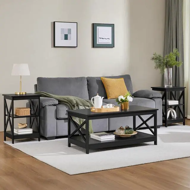 Alt view image 4 of 7 - Yaheetech 3 Tier Sofa Side End Table with Shelf, X Shape Chair Side Coffee Snack Table for Living Room, Display Unit Organizer, Black