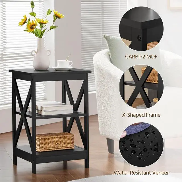 Alt view image 6 of 7 - Yaheetech 3 Tier Sofa Side End Table with Shelf, X Shape Chair Side Coffee Snack Table for Living Room, Display Unit Organizer, Black