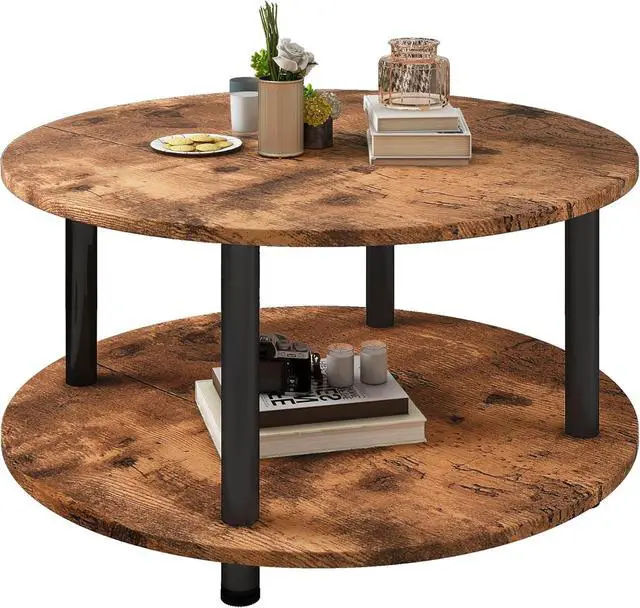 Main image of 23.6" Round Coffee Table, 2-Tier Small Circle Coffee Table with Storage, Modern Center Accent Table with Metal Frame, Side Table End Table for Small Space, Living Room, Office, Rustic Brown
