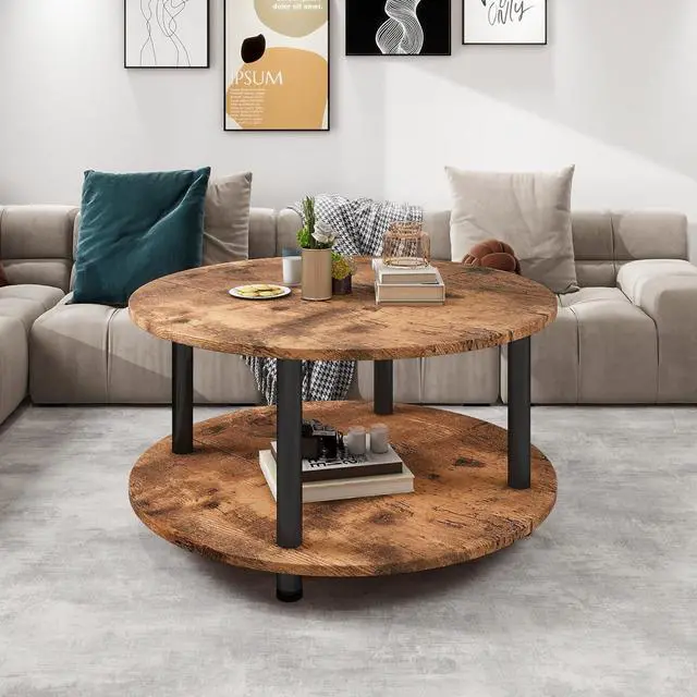 Alt view image 2 of 5 - 23.6" Round Coffee Table, 2-Tier Small Circle Coffee Table with Storage, Modern Center Accent Table with Metal Frame, Side Table End Table for Small Space, Living Room, Office, Rustic Brown