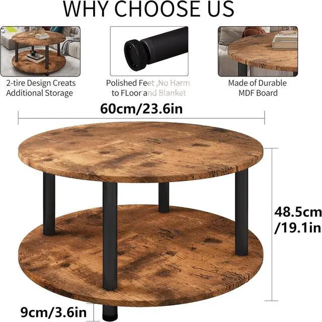 Alt view image 3 of 5 - 23.6" Round Coffee Table, 2-Tier Small Circle Coffee Table with Storage, Modern Center Accent Table with Metal Frame, Side Table End Table for Small Space, Living Room, Office, Rustic Brown