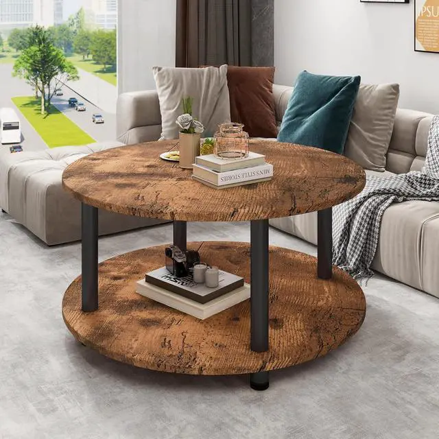 Alt view image 4 of 5 - 23.6" Round Coffee Table, 2-Tier Small Circle Coffee Table with Storage, Modern Center Accent Table with Metal Frame, Side Table End Table for Small Space, Living Room, Office, Rustic Brown
