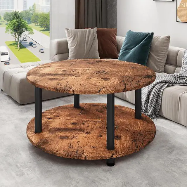 Alt view image 5 of 5 - 23.6" Round Coffee Table, 2-Tier Small Circle Coffee Table with Storage, Modern Center Accent Table with Metal Frame, Side Table End Table for Small Space, Living Room, Office, Rustic Brown