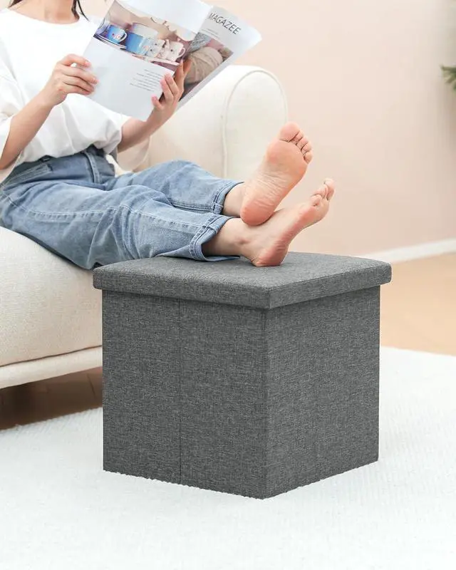 Alt view image 2 of 7 - B FSOBEIIALEO Storage Ottoman with Tray, Linen Small Coffee Table Folding Foot Rest Seat Cube, Dark Grey 16"X15.7"x15" Double (2 Pack)
