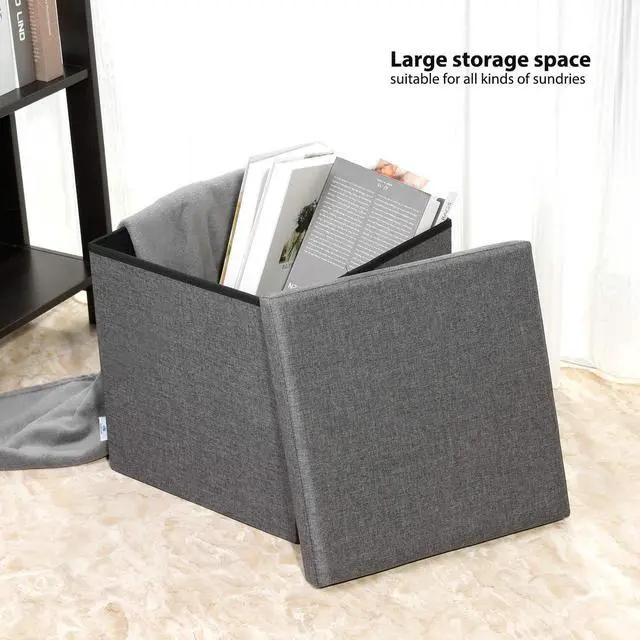 Alt view image 4 of 7 - B FSOBEIIALEO Storage Ottoman with Tray, Linen Small Coffee Table Folding Foot Rest Seat Cube, Dark Grey 16"X15.7"x15" Double (2 Pack)