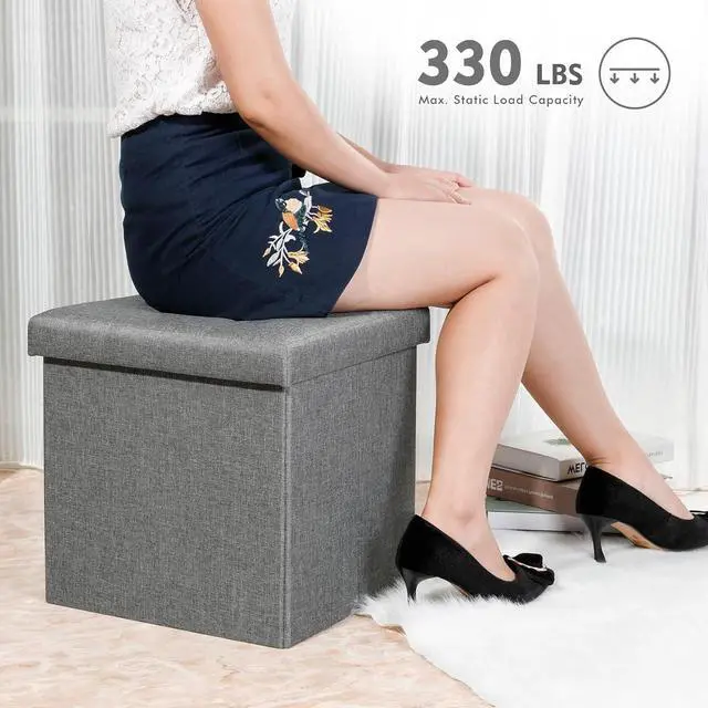 Alt view image 5 of 7 - B FSOBEIIALEO Storage Ottoman with Tray, Linen Small Coffee Table Folding Foot Rest Seat Cube, Dark Grey 16"X15.7"x15" Double (2 Pack)