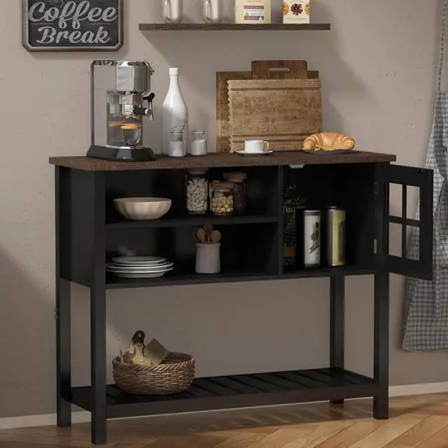 Alt view image 3 of 7 - ChooChoo Farmhouse Coffee Bar Cabinet, Buffet Cabinet with Storage, Sideboard Buffet with Glass Door, Console Table for Kitchen, Hallway, Entrance, Black