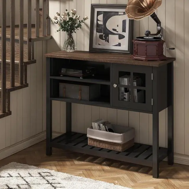 Alt view image 4 of 7 - ChooChoo Farmhouse Coffee Bar Cabinet, Buffet Cabinet with Storage, Sideboard Buffet with Glass Door, Console Table for Kitchen, Hallway, Entrance, Black