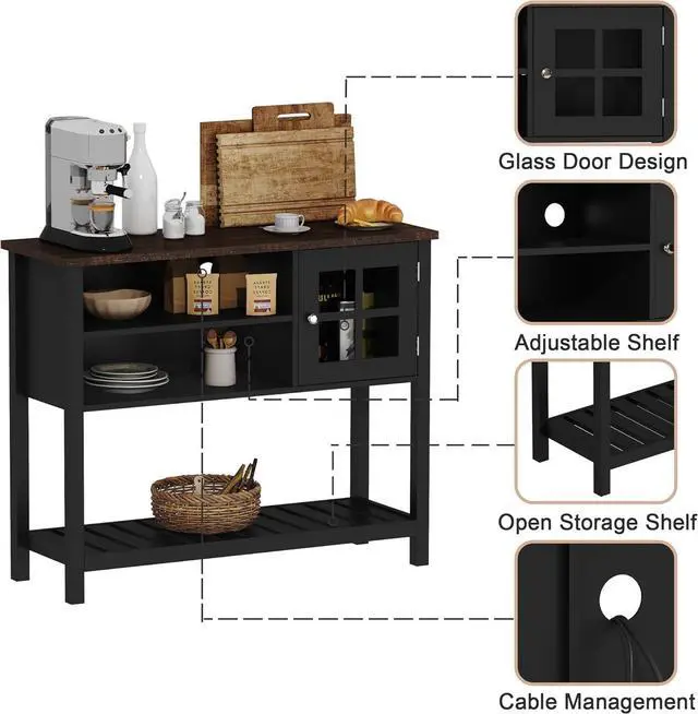 Alt view image 6 of 7 - ChooChoo Farmhouse Coffee Bar Cabinet, Buffet Cabinet with Storage, Sideboard Buffet with Glass Door, Console Table for Kitchen, Hallway, Entrance, Black