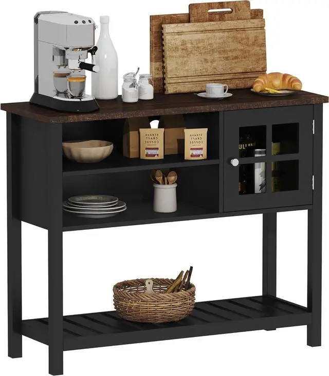 Alt view image 7 of 7 - ChooChoo Farmhouse Coffee Bar Cabinet, Buffet Cabinet with Storage, Sideboard Buffet with Glass Door, Console Table for Kitchen, Hallway, Entrance, Black
