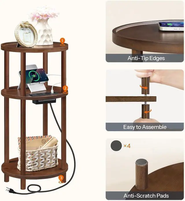 Alt view image 7 of 7 - HOOBRO Set of 2 Small Round Side Tables with Charging Station, 3-Tier Round Bamboo End Tables, Compact Sofa Bedside Tables, Easy Assembly, for Living Room, Bedroom, Apartment, Mocha MA152UBZP201
