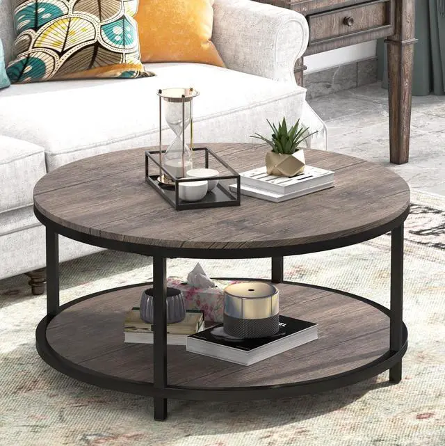 Main image of WiberWi Round Coffee Table 35.8" Circle Coffee Tables for Living Room Rustic Industrial Cocktail Table with Sturdy Metal Frame and Open Storage Shelf, Easy Assembly, Gray Brown