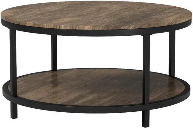 Alt view image 4 of 7 - WiberWi Round Coffee Table 35.8" Circle Coffee Tables for Living Room Rustic Industrial Cocktail Table with Sturdy Metal Frame and Open Storage Shelf, Easy Assembly, Gray Brown