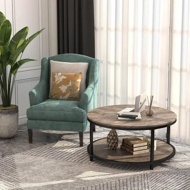 Alt view image 3 of 7 - WiberWi Round Coffee Table 35.8" Circle Coffee Tables for Living Room Rustic Industrial Cocktail Table with Sturdy Metal Frame and Open Storage Shelf, Easy Assembly, Gray Brown