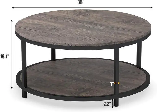 Alt view image 2 of 7 - WiberWi Round Coffee Table 35.8" Circle Coffee Tables for Living Room Rustic Industrial Cocktail Table with Sturdy Metal Frame and Open Storage Shelf, Easy Assembly, Gray Brown