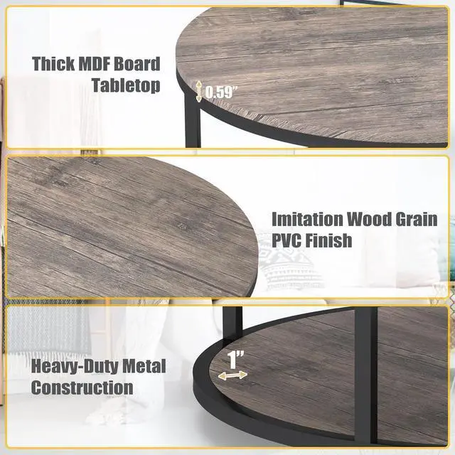 Alt view image 5 of 7 - WiberWi Round Coffee Table 35.8" Circle Coffee Tables for Living Room Rustic Industrial Cocktail Table with Sturdy Metal Frame and Open Storage Shelf, Easy Assembly, Gray Brown