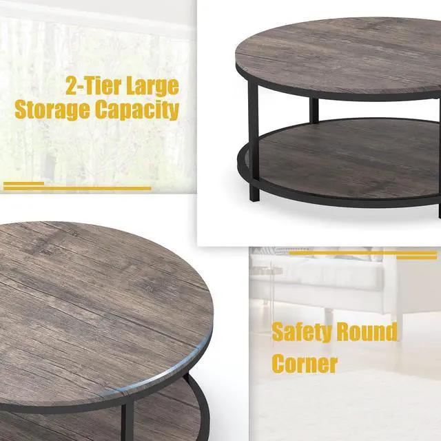 Alt view image 6 of 7 - WiberWi Round Coffee Table 35.8" Circle Coffee Tables for Living Room Rustic Industrial Cocktail Table with Sturdy Metal Frame and Open Storage Shelf, Easy Assembly, Gray Brown