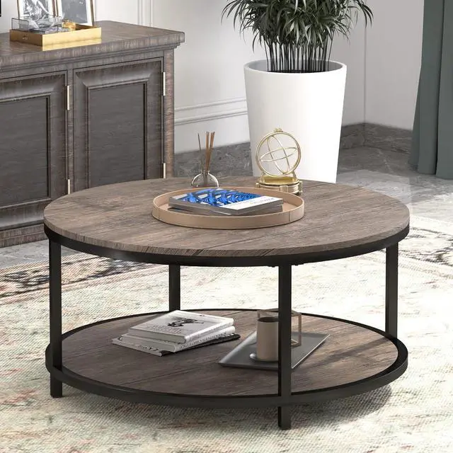 Alt view image 7 of 7 - WiberWi Round Coffee Table 35.8" Circle Coffee Tables for Living Room Rustic Industrial Cocktail Table with Sturdy Metal Frame and Open Storage Shelf, Easy Assembly, Gray Brown