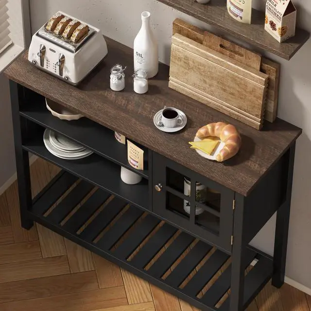 Alt view image 5 of 7 - ChooChoo Farmhouse Coffee Bar Cabinet, Buffet Cabinet with Storage, Sideboard Buffet with Glass Door, Console Table for Kitchen, Hallway, Entrance, Black