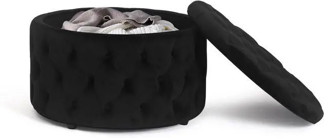 Main image of Homebeez 28 Inch Round Velvet Storage Ottoman, Button Tufted Footrest Stool Coffee Table for Living Room, Black