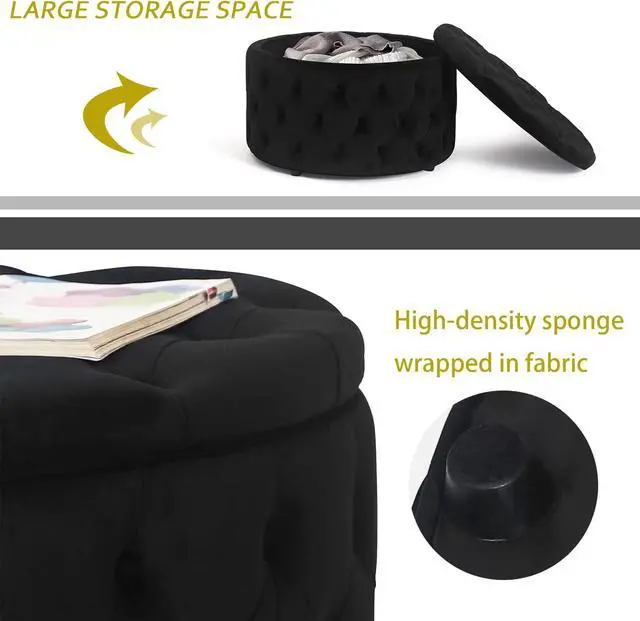 Alt view image 4 of 7 - Homebeez 28 Inch Round Velvet Storage Ottoman, Button Tufted Footrest Stool Coffee Table for Living Room, Black