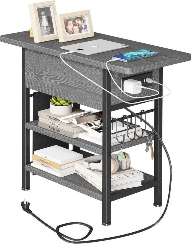 Main image of End Table with Charging Station, Flip Top Nightstand with USB Ports and Outlets,Couch Side Table with Fabric Bag and Hooks, Bedside Table for Space Saving, Living Room, Bedroom (Grey)