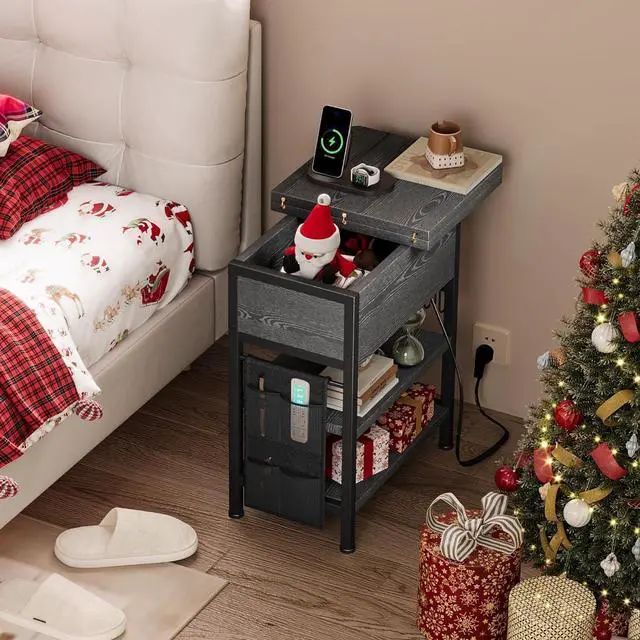 Alt view image 4 of 7 - End Table with Charging Station, Flip Top Nightstand with USB Ports and Outlets,Couch Side Table with Fabric Bag and Hooks, Bedside Table for Space Saving, Living Room, Bedroom (Grey)