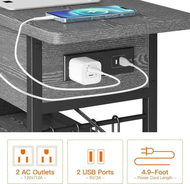 Alt view image 5 of 7 - End Table with Charging Station, Flip Top Nightstand with USB Ports and Outlets,Couch Side Table with Fabric Bag and Hooks, Bedside Table for Space Saving, Living Room, Bedroom (Grey)