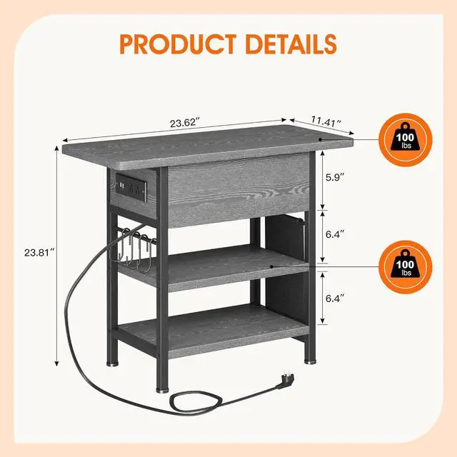Alt view image 3 of 7 - End Table with Charging Station, Flip Top Nightstand with USB Ports and Outlets,Couch Side Table with Fabric Bag and Hooks, Bedside Table for Space Saving, Living Room, Bedroom (Grey)